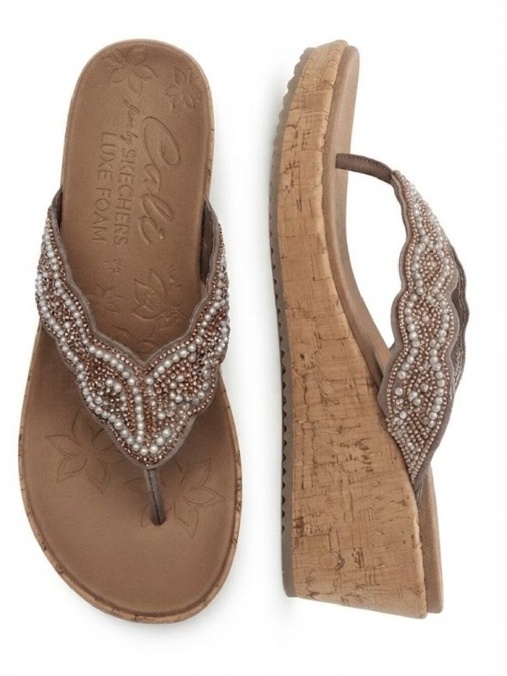Skechers Brown Wedge Thong Sandals with Beaded Straps